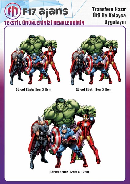 Ütü ile Yapışan Tekstil Baskı Görseli Marvel Hulk,ıron Man, Kaptan Amerika, Thor 3'lü Set