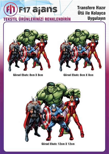 F17 Ajans Ütü ile Yapışan Tekstil Baskı Görseli Marvel Hulk,ıron Man, Kaptan Amerika, Thor 3'lü Set