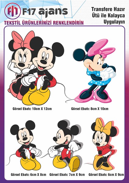 F17 Ajans Ütü ile Yapışan Tekstil Baskı Görseli Mickey Mouse 5'li Set