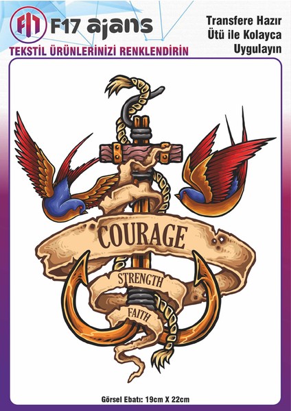 Ütü ile Yapışan Tekstil Baskı Görseli Courage Gemi Çapası