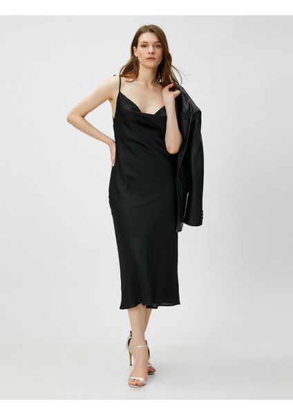 Saten Midi Abiye Elbise Degaje Yaka