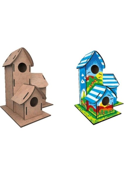Redka/kumtoys Kumtoys 3'lü Ahşap Maket Boyama Seti-Kalemlik ve Kumbara&kuş Evi&saat Boyama