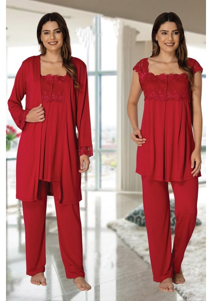 2301 Effortt Kadın Vişne Sabahlıklı Lohusa Pijama Takımı