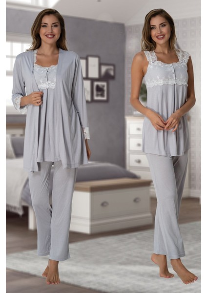 2301 Effortt Kadın Gri sabahlıklı Lohusa Pijama Takımı