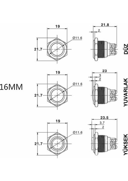 16MM Metal Panel Montaj Yüksek Kafa Push Buton No Dc 6A 12V Ac 3A 250V IP67 Su Geçirmez Düğme