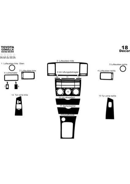Meriç® Toyota Corolla Ön Torpido Kaplama Maun 18 Parça 2002-2004 fiyatları