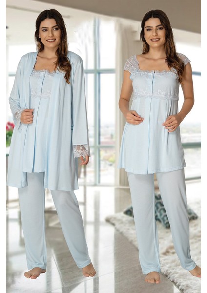 2301 Effortt Kadın Mavi Sabahlıklı Lohusa Pijama Takımı