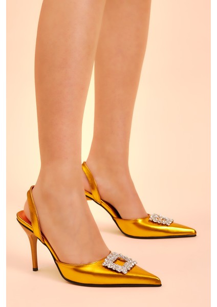 Kadın Oranj Gecce Serisi Önü Tokalı Sivri Burunlu Topuklu Ayakkabı