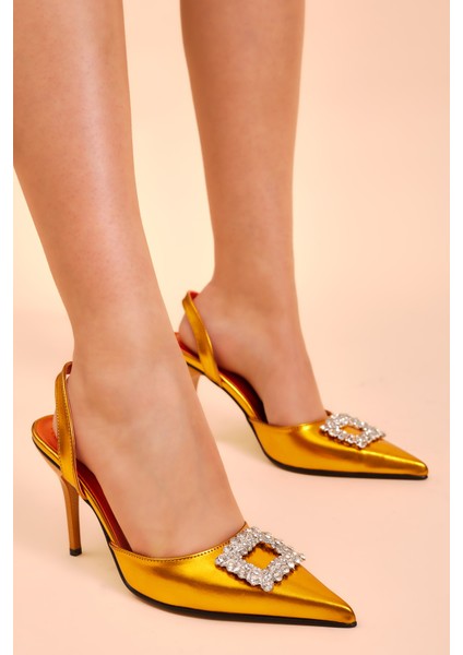 Kadın Oranj Gecce Serisi Önü Tokalı Sivri Burunlu Topuklu Ayakkabı modelleri