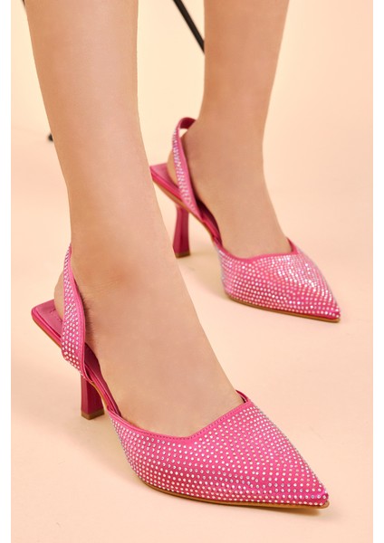 Kadın Fuşya Gecce Serisi Taş Işlemeli Sivri Burunlu Topuklu Ayakkabı
