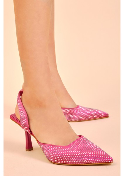 Kadın Fuşya Gecce Serisi Taş Işlemeli Sivri Burunlu Topuklu Ayakkabı modelleri