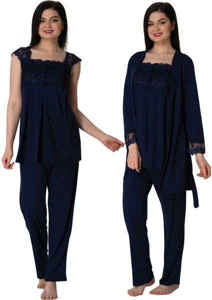 2301 Effortt Kadın Lacivert Sabahlıklı Lohusa Pijama Takımı