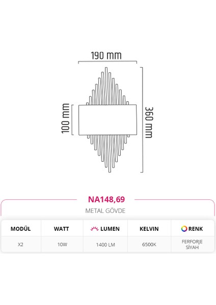 Çift Yönlü Led'li Iç Mekan Aplik Ferforje Siyah 10W 6500K Beyaz Işık NA148