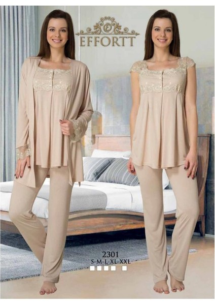 2301 Effortt Kadın Sütlü Kahve Sabahlıklı Lohusa Pijama Takımı