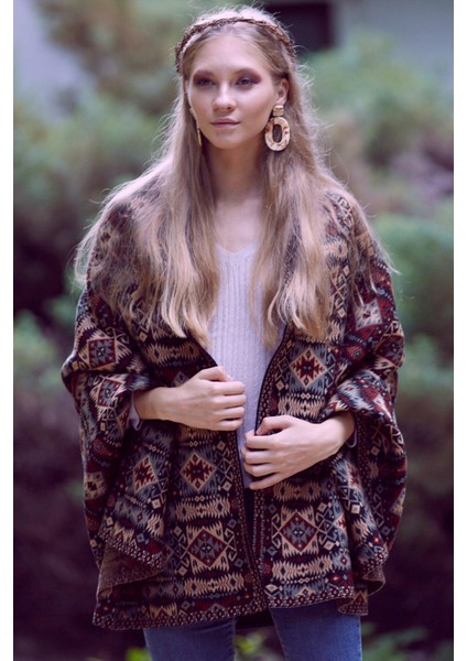Kadın Gümüş Etnik Desenli Kilim Şal