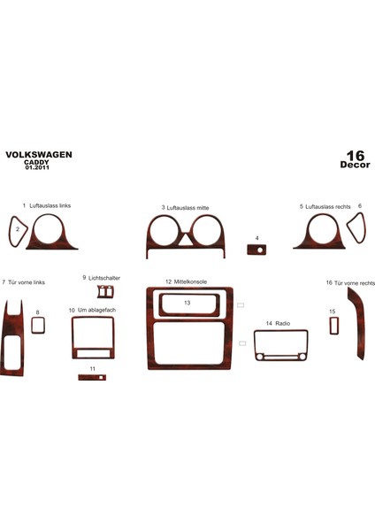 Meriç® Volkswagen Caddy Ön Torpido Kaplama Maun 16 Parça 2010-2014 modelleri