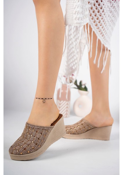 Dolgu Taban Ekose Örgü Önü Kapalı Taşlı Vizon Terlik fiyatları