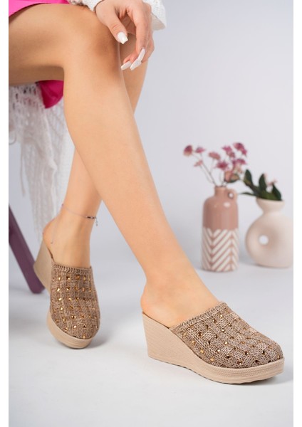 Dolgu Taban Ekose Örgü Önü Kapalı Taşlı Vizon Terlik modelleri