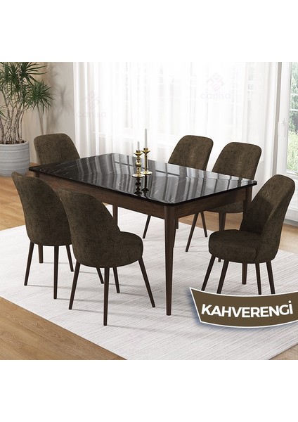 Pir Serisi 80X130 Sabit Siyah Mermer Desen Kahve Ayak Mutfak Masa Takımı ve 6 Sandalye