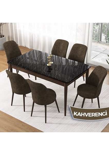 Pir Serisi 80X130 Sabit Siyah Mermer Desen Kahve Ayak Mutfak Masa Takımı ve 6 Sandalye