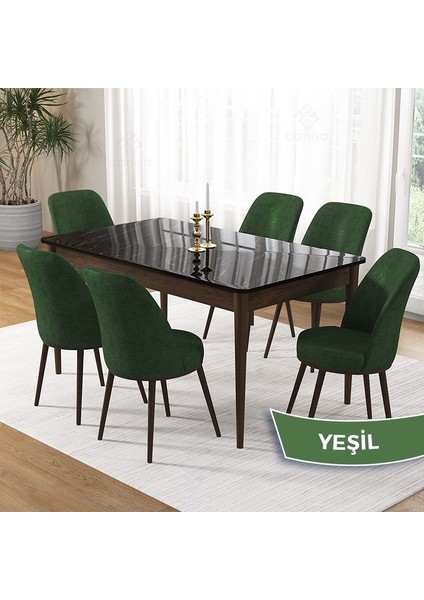 Pir Serisi 80X130 Sabit Siyah Mermer Desen Kahve Ayak Mutfak Masa Takımı ve 6 Sandalye