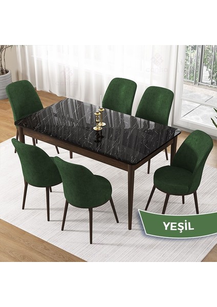 Pir Serisi 80X130 Sabit Siyah Mermer Desen Kahve Ayak Mutfak Masa Takımı ve 6 Sandalye