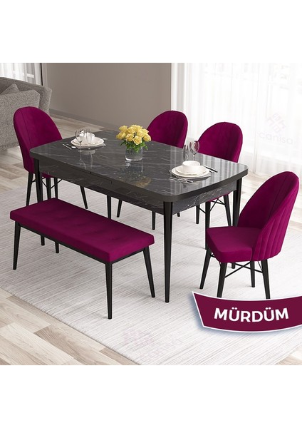 Concept Roz Serisi 80X132 Mdf Açılabilir Siyah Mermer Desen Mutfak Masası Takımı 4 Sandalye 1 Bench