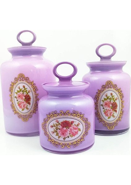 Lila Desenli Vakumlu Kapaklı Cam Kavanoz Takımı Seti 3'lü
