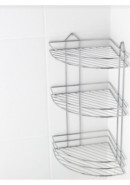 Paslanmaz Metalik 3 Katlı Banyo Köşeliği Şampuanlık Köşelik Banyo Rafı
