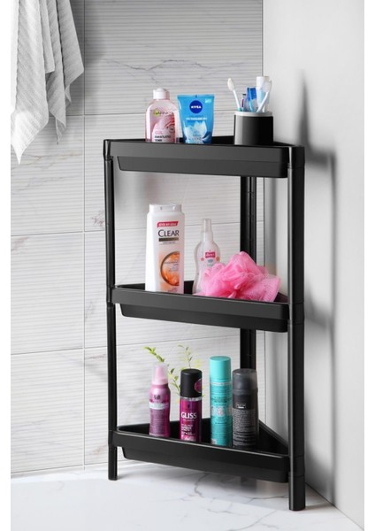 Ahir Ticaret Üçgen Raf Ünitesi 3 Katlı Siyah Köşe Banyo Rafı Düzenleyici