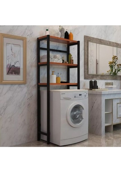 Umuthomedesing Siyah Ceviz Metal Ahşap Çamaşır Makinesi Üstü Düzenleyici Raf