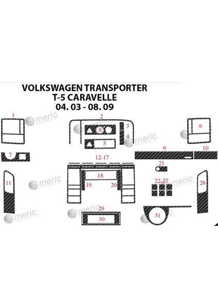 Meriç® Volkswagen T5 Carevella Ön Torpido Kaplama Maun 31 Parça 2003-2009