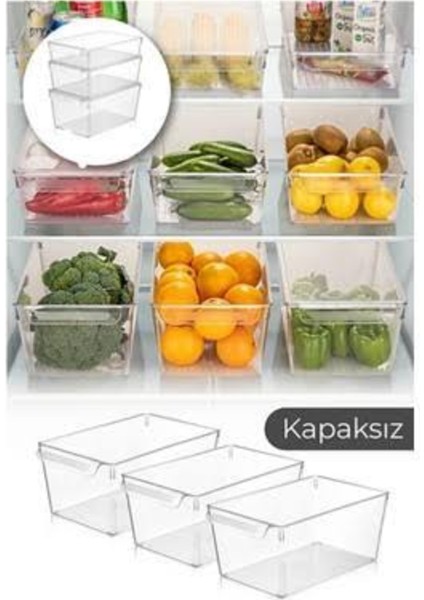 3 Adet Büyük Boy Şeffaf Kapaksız Buzdolabı Organizeri