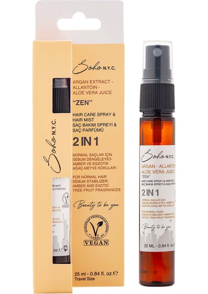 Vegan Normal Saçlar Için Bakım Spreyi ve Saç Parfümü "zen" 25ML Seyahat Boy