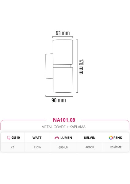 Çift Yönlü Iç Mekan Eskitme Aplik 2x5W 4000K Ilık Beyaz NA101