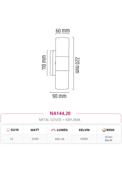 Çift Yönlü Iç Mekan Siyah Bakır Aplik 2x5W 4000K Ilık Beyaz NA144