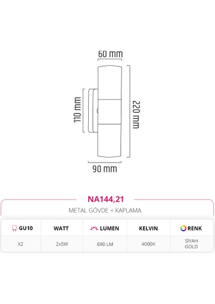 Çift Yönlü Iç Mekan Siyah Gold Aplik 2x5W 4000K Ilık Beyaz NA144