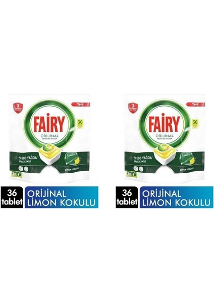 Orijinal Hepsi Bir Arada 36 Yıkama Bulaşık Makinesi Deterjanı Kapsülü Tableti Limon Kokulu 2 x 36 Yıkama (72 Tablet)