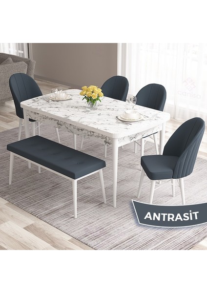 Concept Roz Serisi 80X132 Mdf Açılabilir Beyaz Mermer Desen Mutfak Masası Takımı 4 Sandalye 1 Becnh