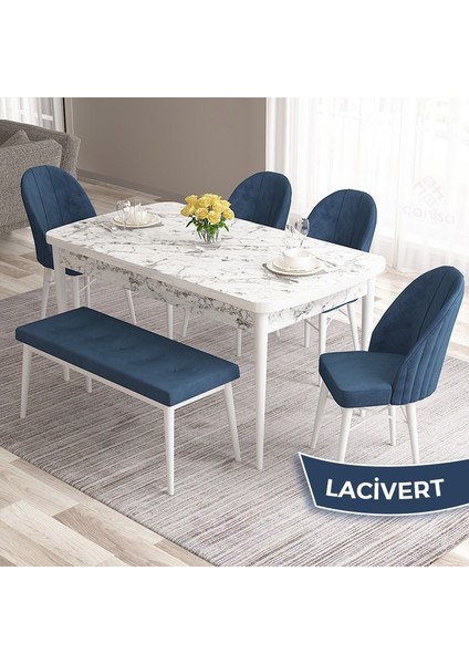 Concept Roz Serisi 80X132 Mdf Açılabilir Beyaz Mermer Desen Mutfak Masası Takımı 4 Sandalye 1 Becnh
