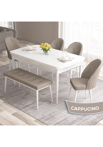 Concept Roz Serisi 80X132 Mdf Açılabilir Beyaz Mutfak Masası Takımı 4 Sandalye 1 Bench