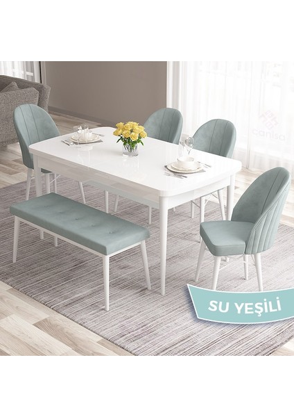 Concept Roz Serisi 80X132 Mdf Açılabilir Beyaz Mutfak Masası Takımı 4 Sandalye 1 Bench