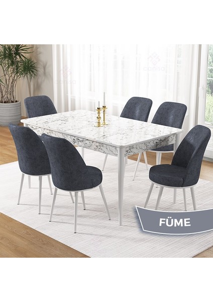 Concept Pir Serisi 80X130 Sabit Beyaz Mermer Desen Mutfak Masa Takımı ve 6 Sandalye