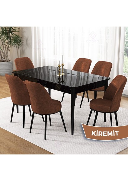 Pir Serisi, 80X130 Sabit Siyah Mermer Desen Mutfak Masa Takımı ve 6 Sandalye