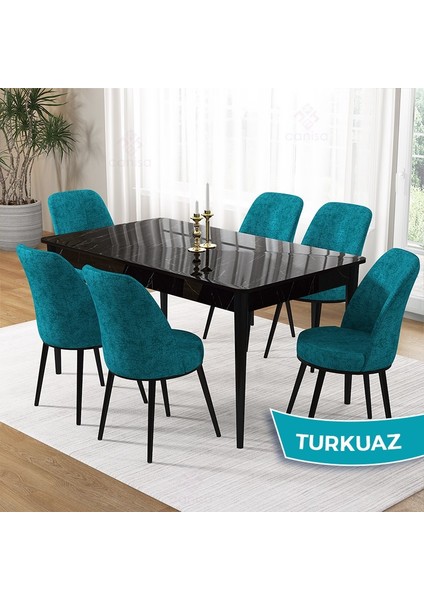 Pir Serisi, 80X130 Sabit Siyah Mermer Desen Mutfak Masa Takımı ve 6 Sandalye