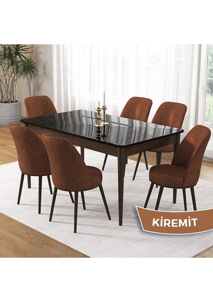 Pir Serisi 80X130 Sabit Siyah Mermer Desen Kahve Ayak Mutfak Masa Takımı ve 6 Sandalye