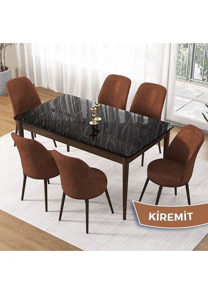 Pir Serisi 80X130 Sabit Siyah Mermer Desen Kahve Ayak Mutfak Masa Takımı ve 6 Sandalye fiyatları