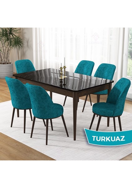 Pir Serisi 80X130 Sabit Siyah Mermer Desen Kahve Ayak Mutfak Masa Takımı ve 6 Sandalye
