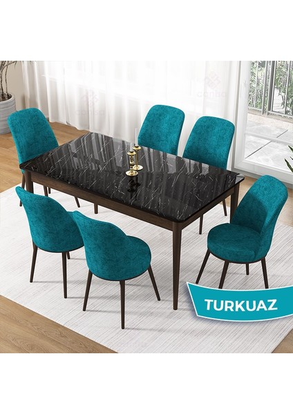 Pir Serisi 80X130 Sabit Siyah Mermer Desen Kahve Ayak Mutfak Masa Takımı ve 6 Sandalye fiyatları