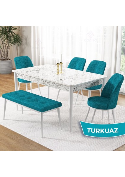 Concept Pir Serisi 80X130 Sabit Beyaz Mermer Desen Mutfak Masa Takımı ve 4 Sandalye 1 Bench
